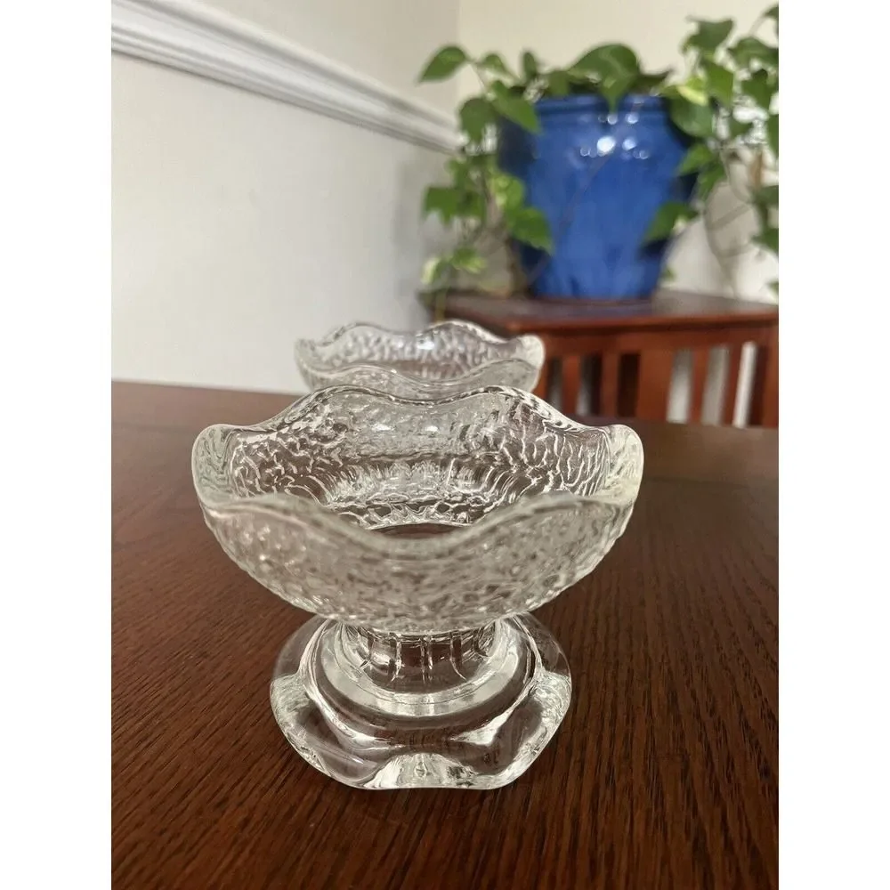 2 Vtg Anchor Hocking Reversible Pebble Glass Pedestal Candle Holder Mid-Century